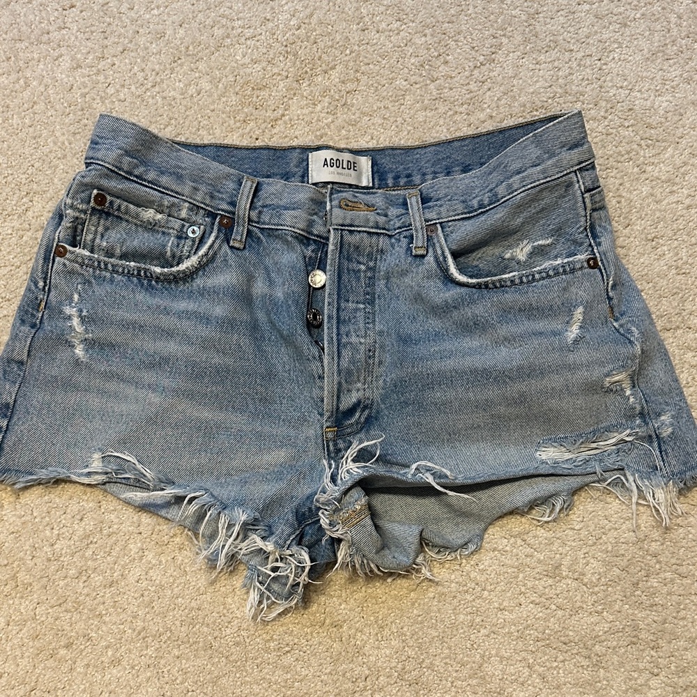 Agolde Frayed Hem Blue Jean Shorts
